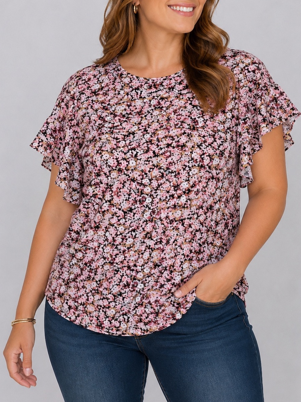 Maurices | Women's Pink Floral Ruffle Sleeve Top | Size M | NWOT